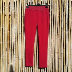 Seduzione Italian-Made Red Skinny Pull-on Pants, Small Textured Front Leggings